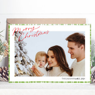 Modern Trendy simple Green Check Plaid photo Holiday Card