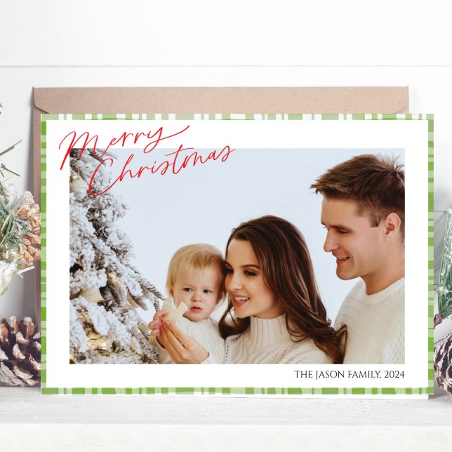 Modern Trendy simple Green Check Plaid photo  Holiday Card (Creator Uploaded)