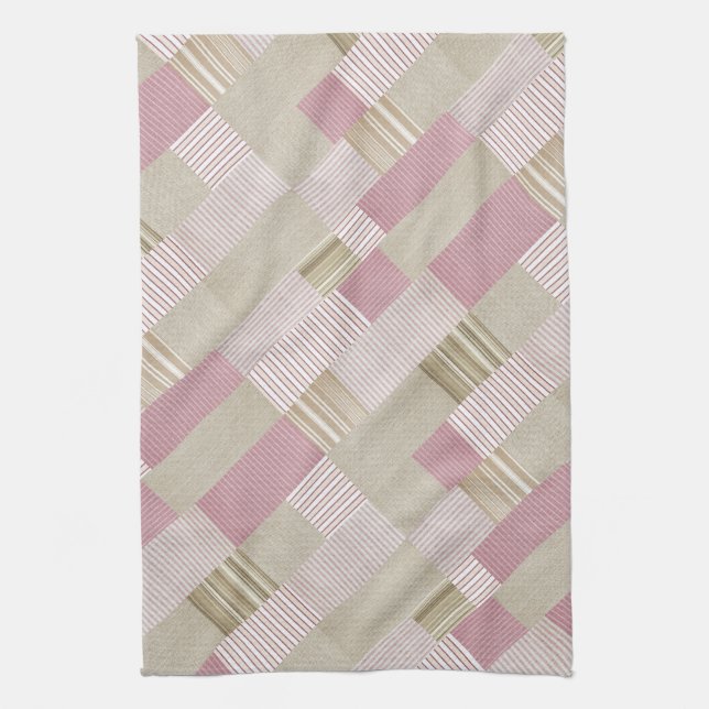 Modern Trendy Striped Patchwork Quilt Pink Beige Tea Towel (Vertical)