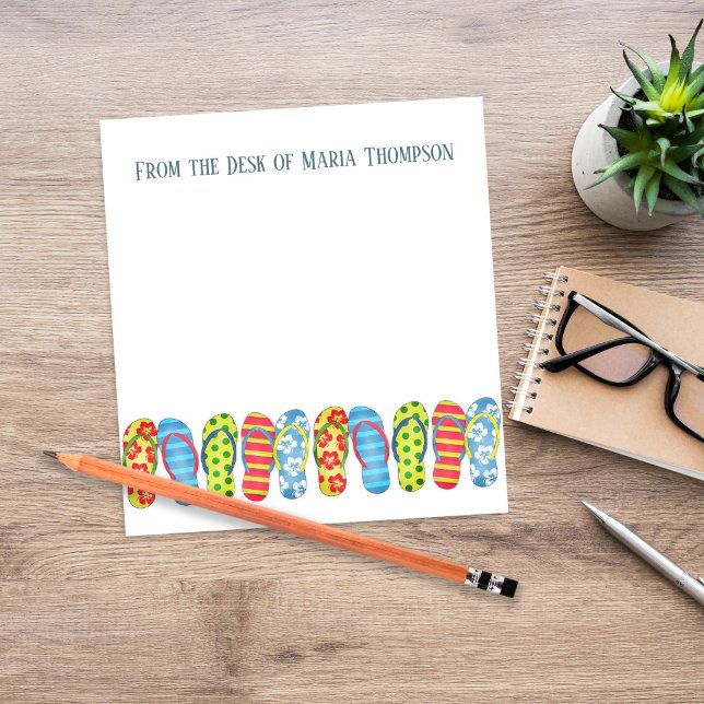 Modern Trendy Stylish Beach Summer Flip Flops  Notepad (Personalized summer notepad with colorful flip flop border and custom name header, perfect for fun.)