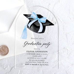 Modern Trendy Stylish Blue Bow Graduation Arched Acrylic Invitations