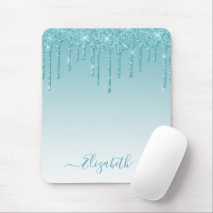 Modern Trendy Stylish Script Aqua Glitter Mouse Mat