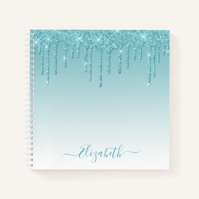 Modern Trendy Stylish Script Aqua Glitter Notebook (Front)