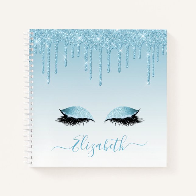 Modern Trendy Stylish Script Blue Glitter Lashes Notebook (Front)