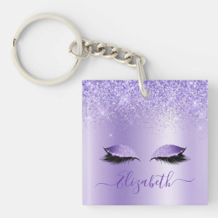 Modern Trendy Stylish Script Purple Glitter Lashes Key Ring