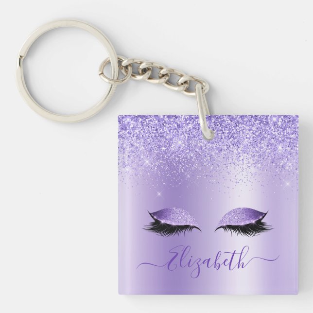 Modern Trendy Stylish Script Purple Glitter Lashes Key Ring (Front)
