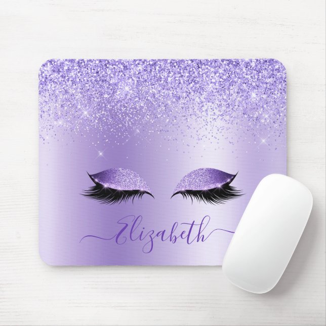 Modern Trendy Stylish Script Purple Glitter Lashes Mouse Mat (With Mouse)