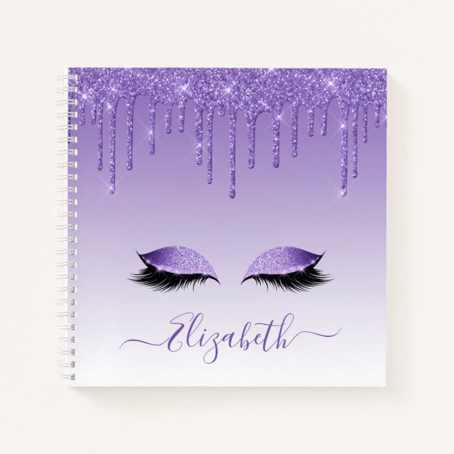 Modern Trendy Stylish Script Purple Glitter Lashes Notebook (Front)