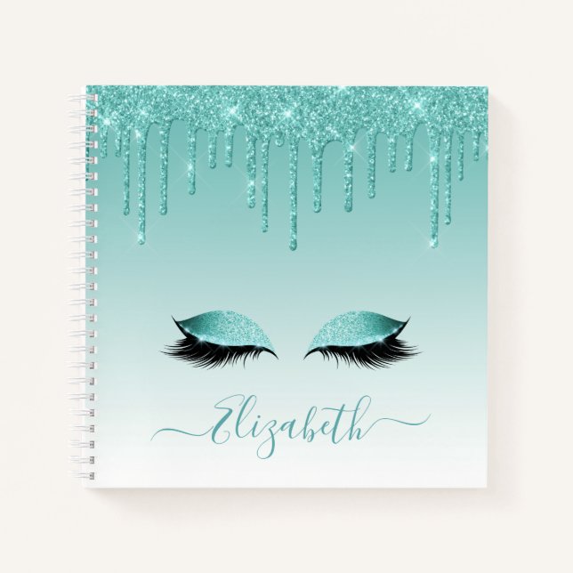 Modern Trendy Stylish Script Teal Glitter Lashes Notebook (Front)