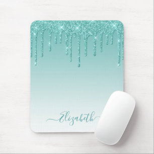 Modern Trendy Stylish Script Teal Glitter Mouse Mat