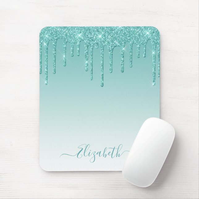 Modern Trendy Stylish Script Teal Glitter Mouse Mat (With Mouse)