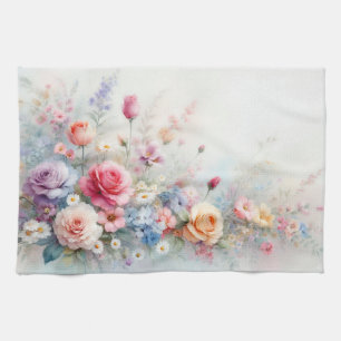 Modern Trendy Stylish Watercolor Flowers Tea Towel