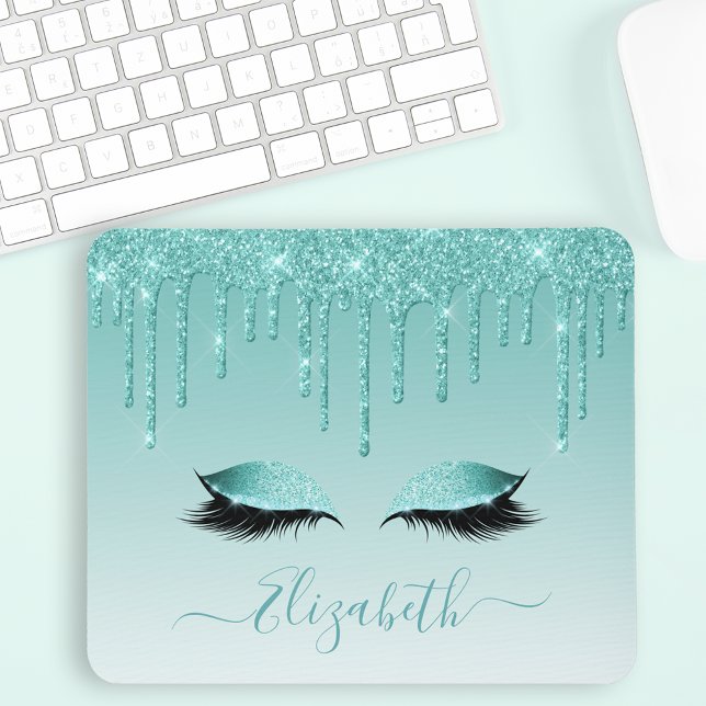 Modern Trendy Teal Glitter Lashes Stylish Script Mouse Mat (Customize to change text color, text style or to add more text.)