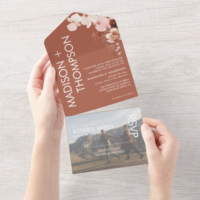 Modern Trendy Terracotta Desert Photo Wedding All In One Invitation (Tearaway)