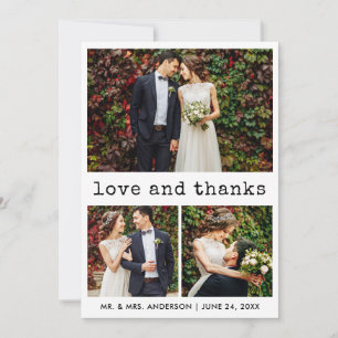 Modern Trendy Typewriter Text 3 Photo Wedding Thank You Card