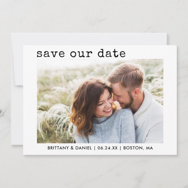 Modern Trendy Typewriter Text Save Our Date Card (Front)