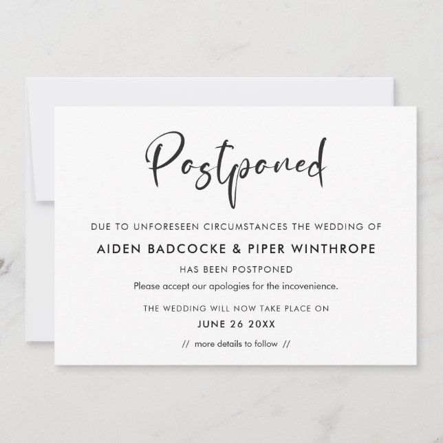 Modern trendy typography Postponed wedding date Invitation (Front)
