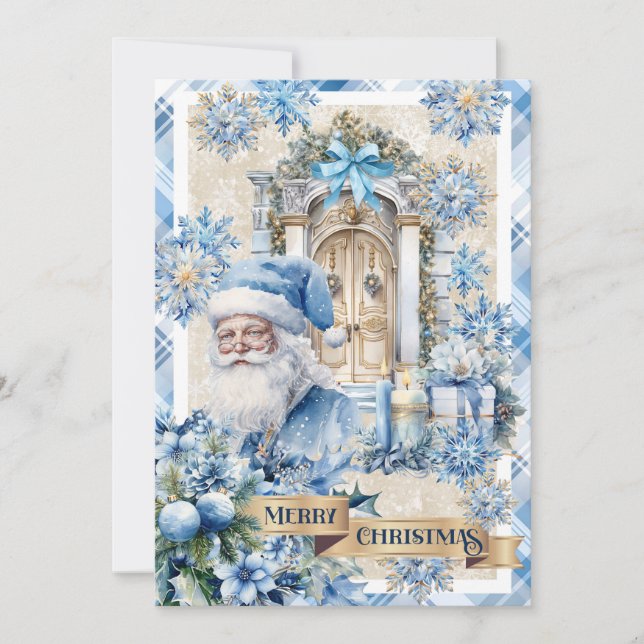 Modern trendy watercolor blue and gold  holiday card (Front)
