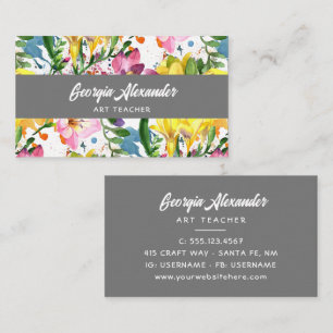 Modern Trendy Watercolor Floral Art Teacher Business Card