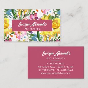 Modern Trendy Watercolor Floral Art Teacher Business Card