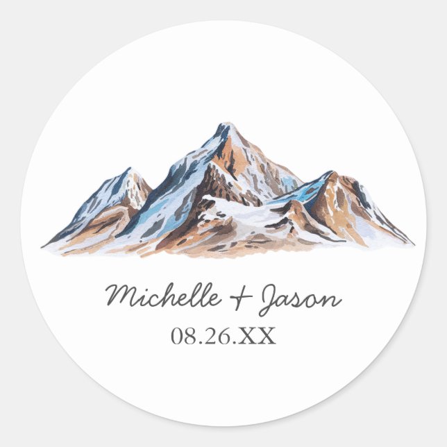 Modern Trendy Watercolor Mountains Wedding         Classic Round Sticker (Front)