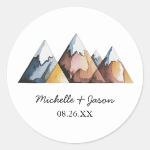 Modern Trendy Watercolor Mountains Wedding Classic Round Sticker