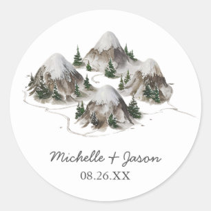 Modern Trendy Watercolor Mountains Wedding Classic Round Sticker