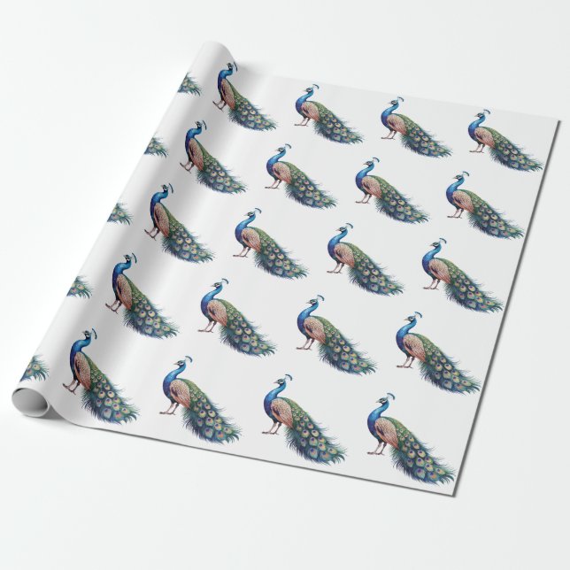 Modern Trendy Watercolor Peacock Pattern Wrapping Paper (Unrolled)