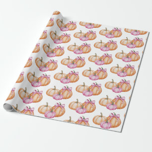 Modern Trendy Watercolor Pumpkin Coquette Bow Wrapping Paper