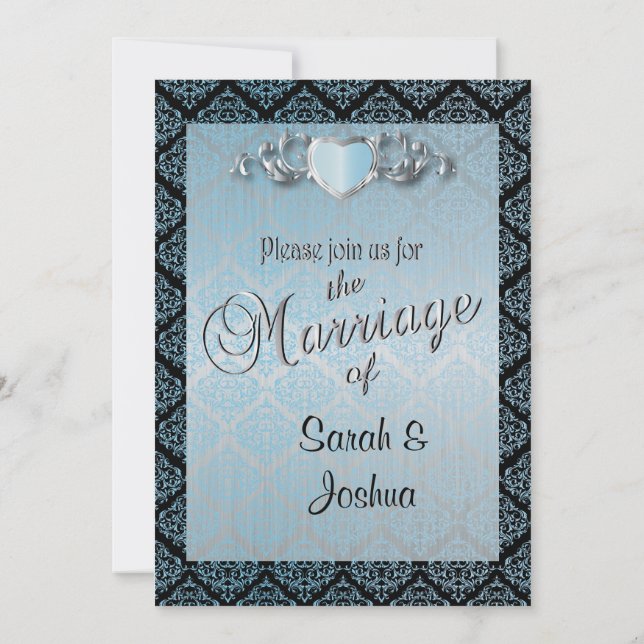 Modern Trendy Wedding in a Aqua Blue Damask Invitation (Back)