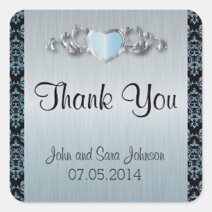 Modern Trendy Wedding in a Aqua Blue Damask Square Sticker