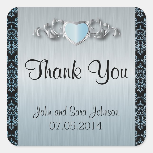 Modern Trendy Wedding in a Aqua Blue Damask Square Sticker (Front)