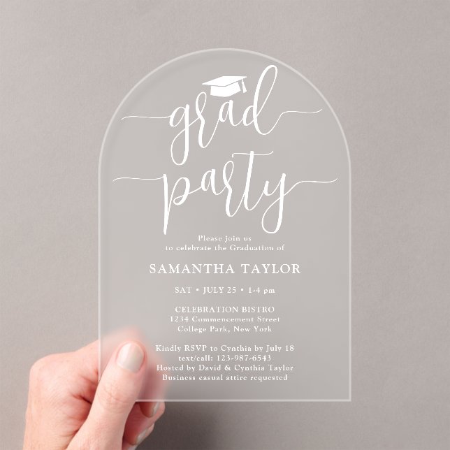 Modern Trendy White Script Grad Party Translucent  Acrylic Invitations (Insitu (Handheld))