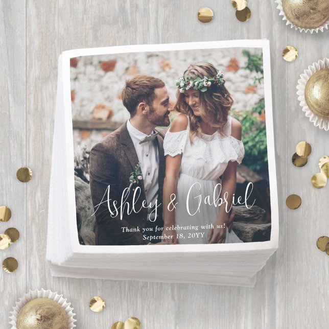 Modern Trendy White Script Photo Overlay Wedding Napkin (Creator Uploaded)
