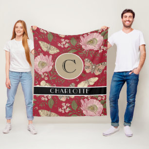 Modern Trendy Wildflower Botanical Floral Monogram Fleece Blanket