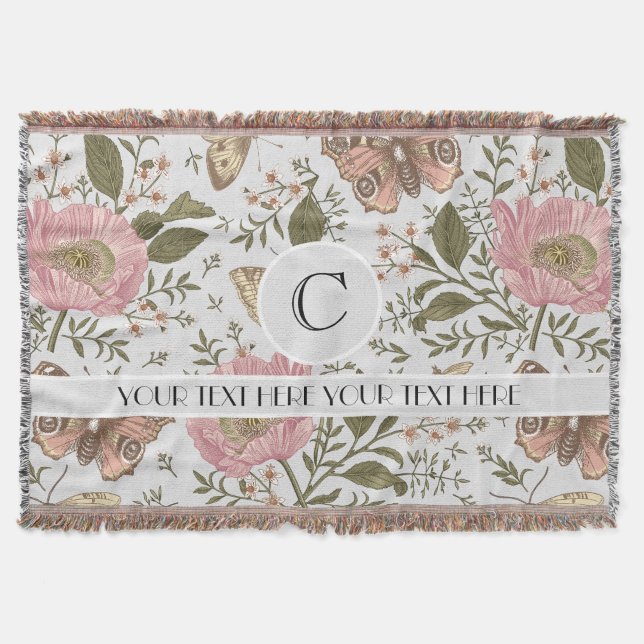 Modern Trendy Wildflower Botanical Floral Monogram Throw Blanket (Front)