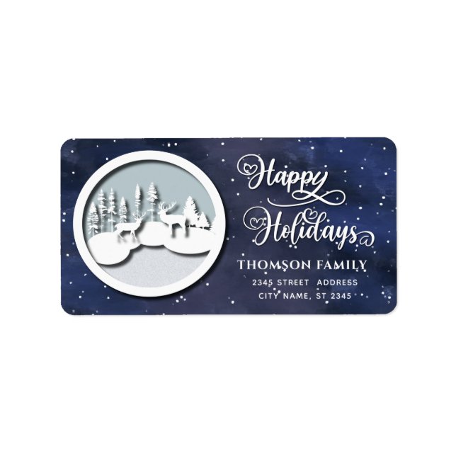 Modern trendy Winter scene Happy Holidays Label (Front)