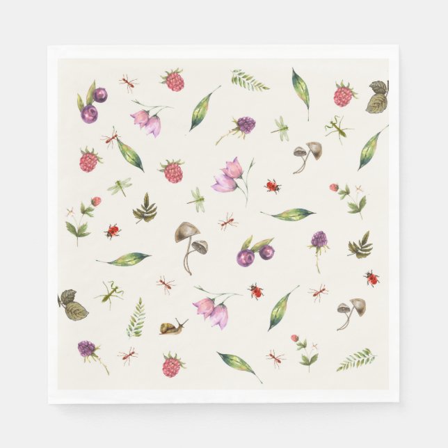 Modern Trendy Woodland Wildflowers Insects Napkin (Front)