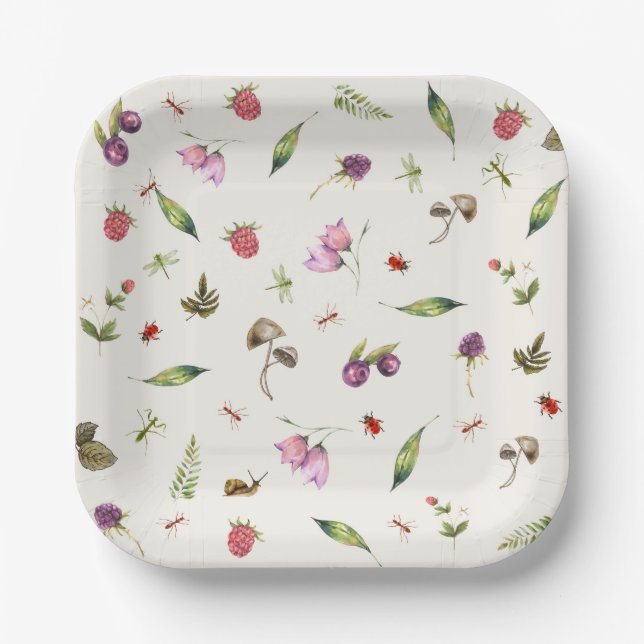 Modern Trendy Woodland Wildflowers Insects Paper Plate (Front)