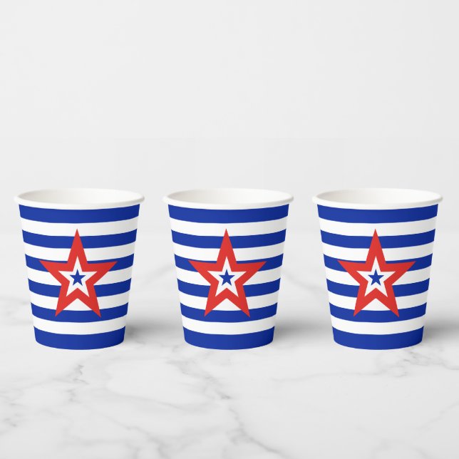 Modern Tri-Coloured Star on Blue/White Striped Paper Cups (Multi)