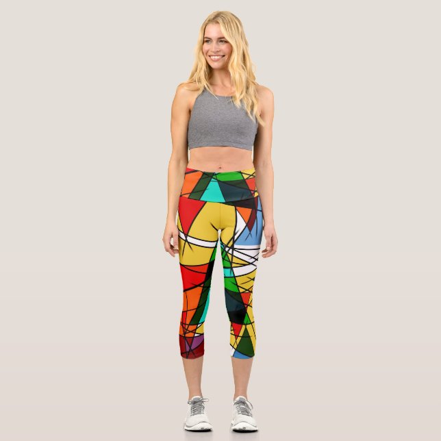 Modern Triangle Colorful Geometric  Capri Leggings (Front)