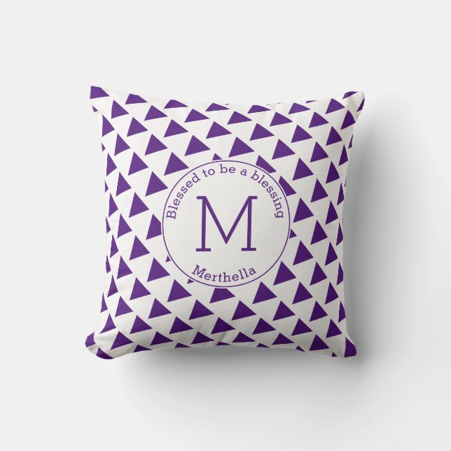 Modern Triangle Geometric Purple White Monogram Cushion (Front)
