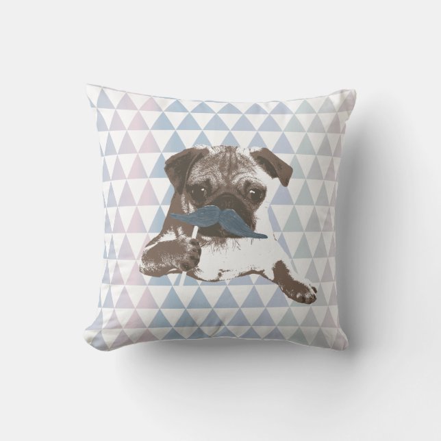 Modern Triangle Pattern Blue Moustache Pug Cushion (Front)