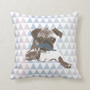 Modern Triangle Pattern Blue Moustache Pug Cushion