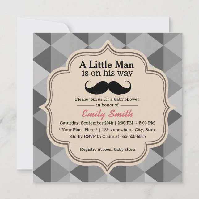 Modern Triangle Quilts Moustache Boy Baby Shower Invitation (Front)