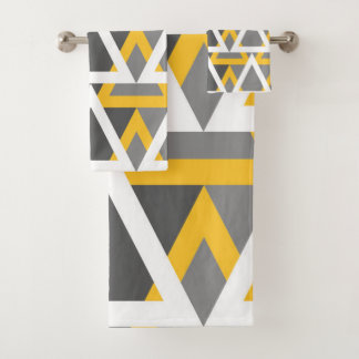 Modern, triangles,  mustard yellow, white, grey bath towel set