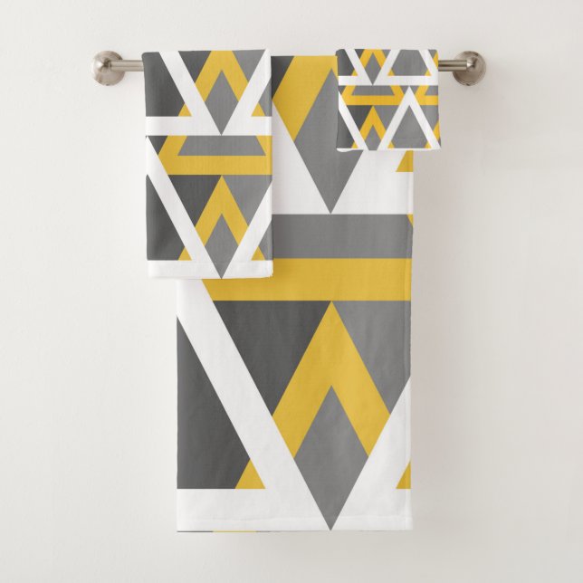 Modern, triangles,  mustard yellow, white, grey bath towel set (Insitu)