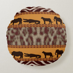 Modern Tribal African Snow Leopard Animal Print Round Cushion