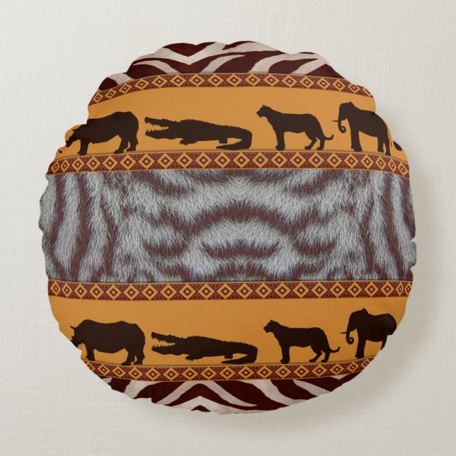 Modern Tribal African White Tiger Animal Print Round Cushion (Front)
