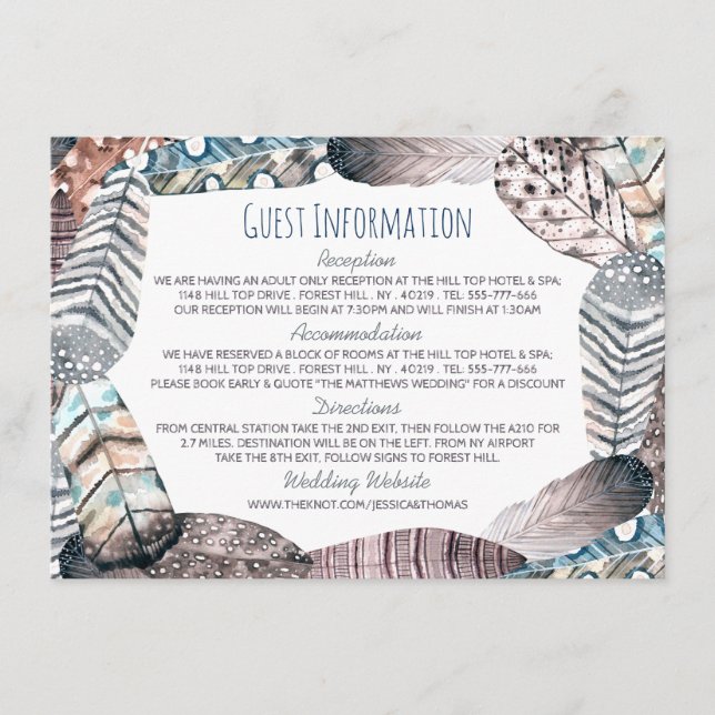Modern Tribal Feathers Bohemian Wedding Detail Enclosure Card (Front)